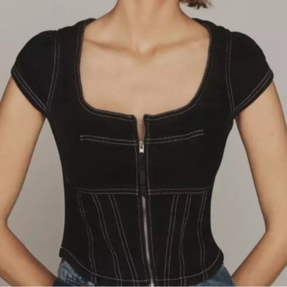 Anthropologie Pilcro Contrast Stitch Corset Top Black Denim Zip Up